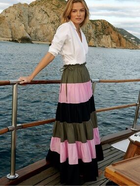 Anthropologie Hutch Penelope Color Block Tiered Maxi Skirt Green Pink Navy XS
